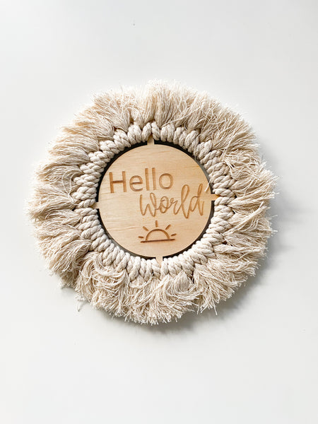 Macrame Hello World Plaque